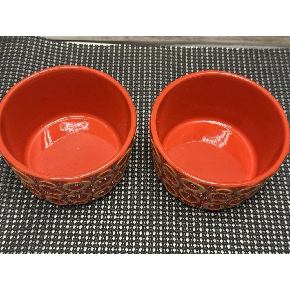 Set 2 Anthropologie Siena Mini Baking Dish or Trinket Dish Red Beige Circles NEW